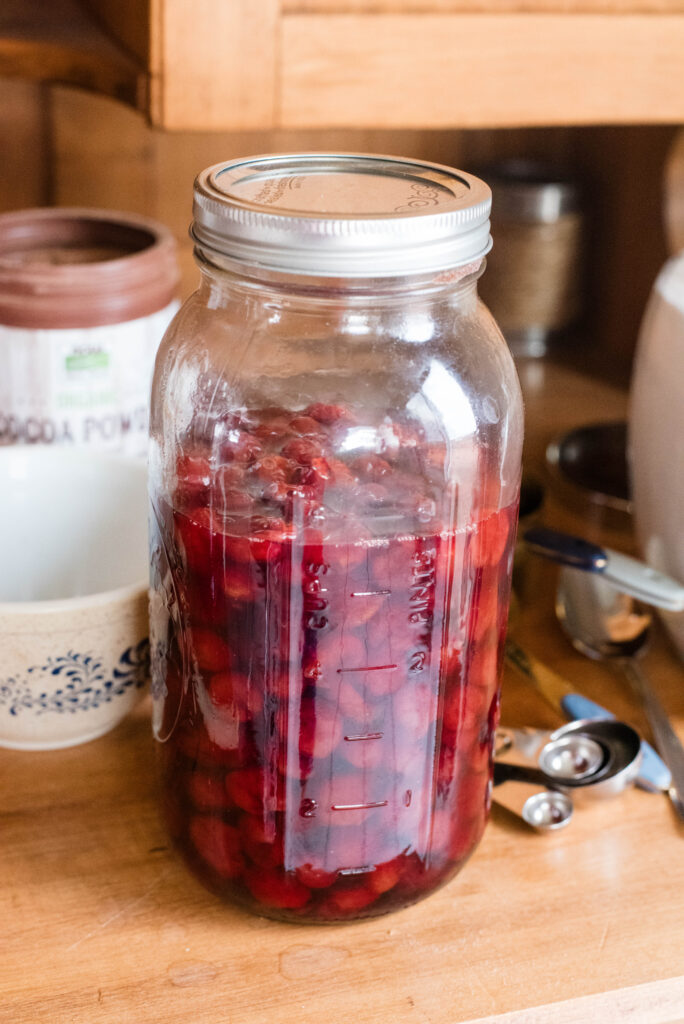 half gallon jar of Door County, Wisconsin homemade brandied cherries