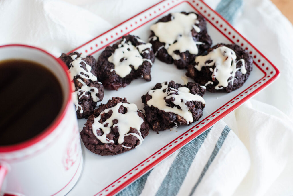 chocolate cookies drizzled with white chocolate