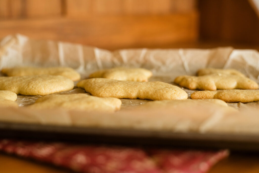 sourdough sugar cookies resting on cookie sheet