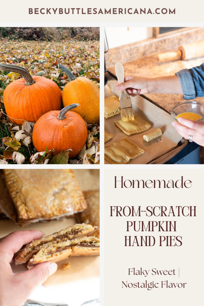 Pumpkins in fall leaves and hand pies being assembled