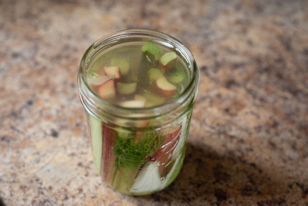 Fresh rhubarb with pickling solution poured over the top.