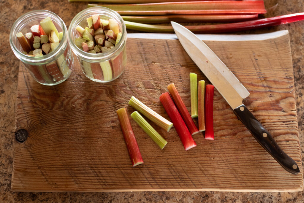 Rhubarb stalks cut for pickled rhubarb