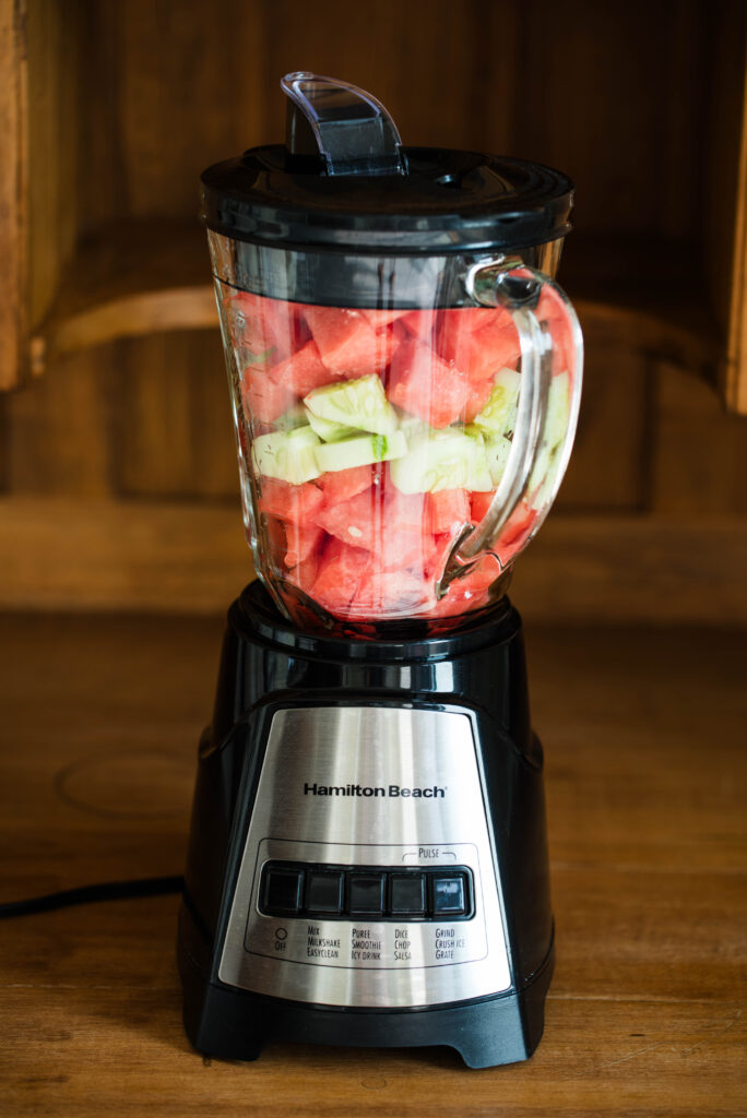 Watermelon and cucumbers in a blender.