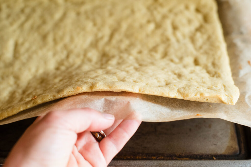 Fully baked sugar cookie crust for fruit pizza.