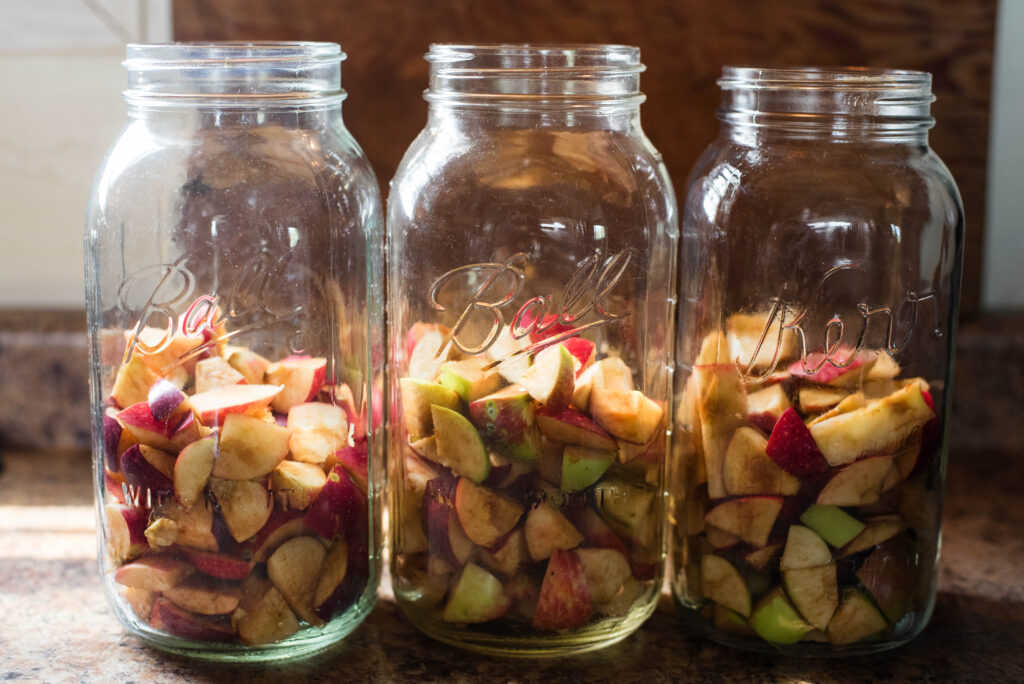 Apple scraps in a half-gallon Mason jar.