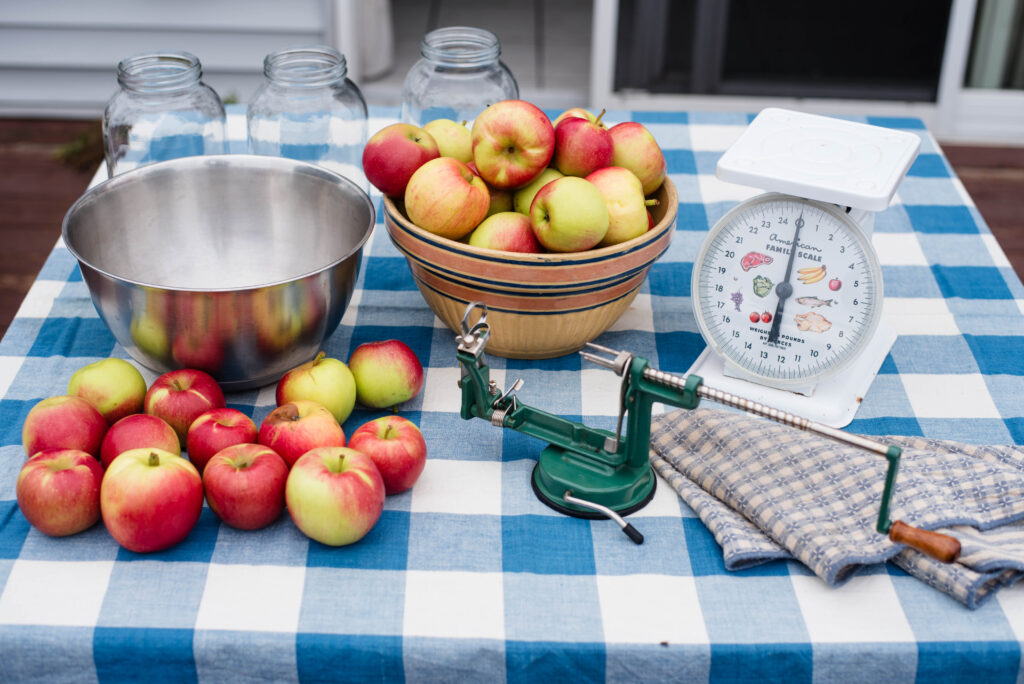 Items necessary for chopping and peeling apples.