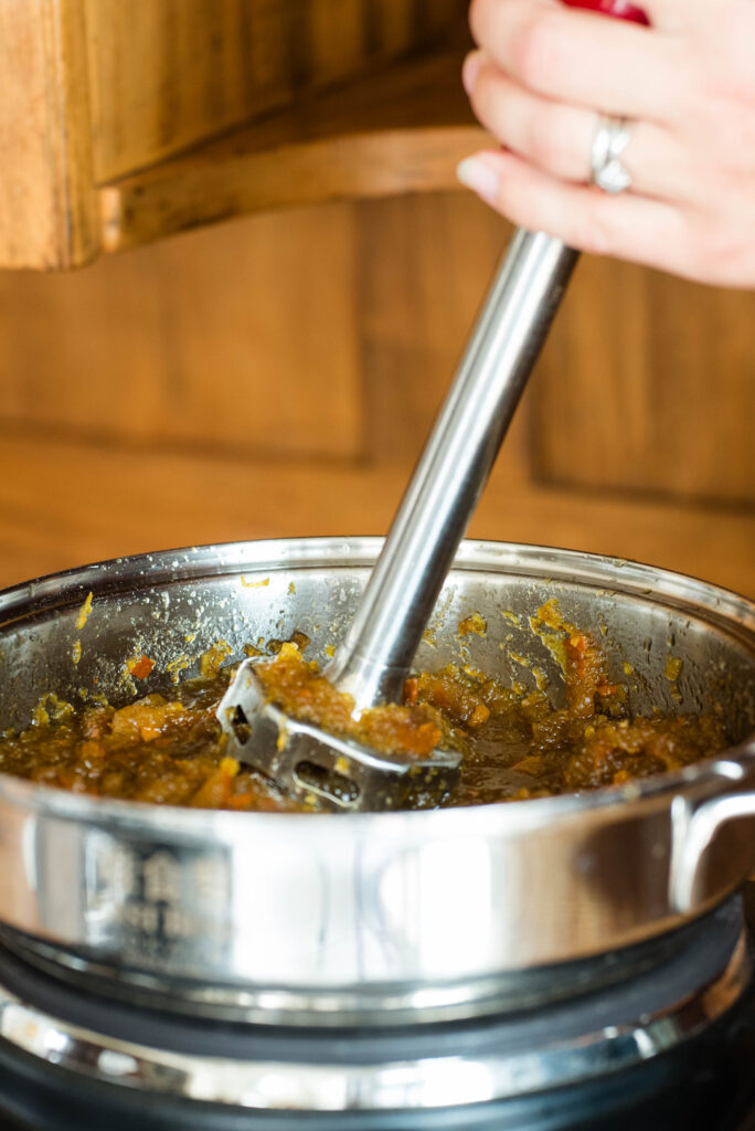 Pumpkin filling pureed with an immersion blender.