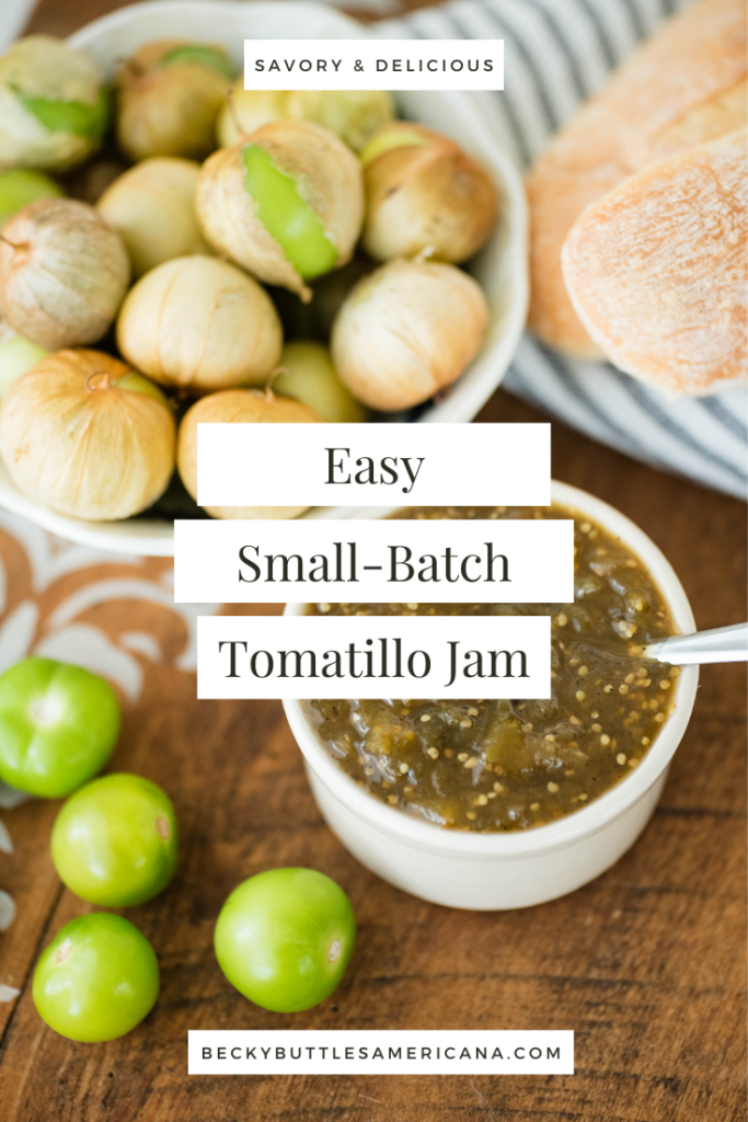 Tomatillo jam pictured with fresh tomatillos and bread