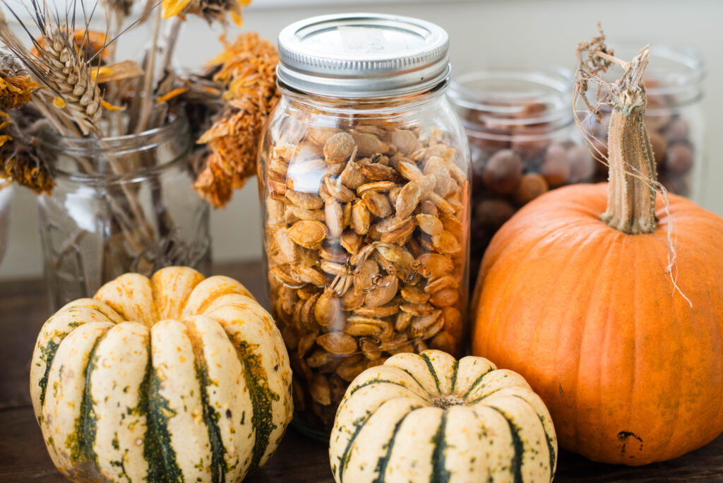 Jar of roasted pumpkin seeds.