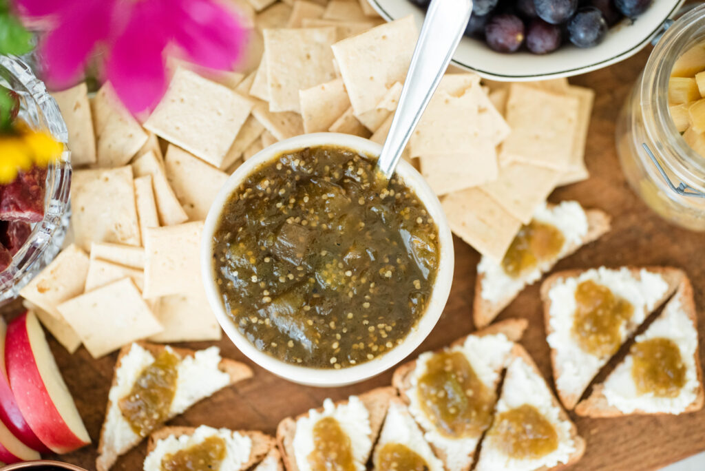 Tomatillo jam on a charcuterie board