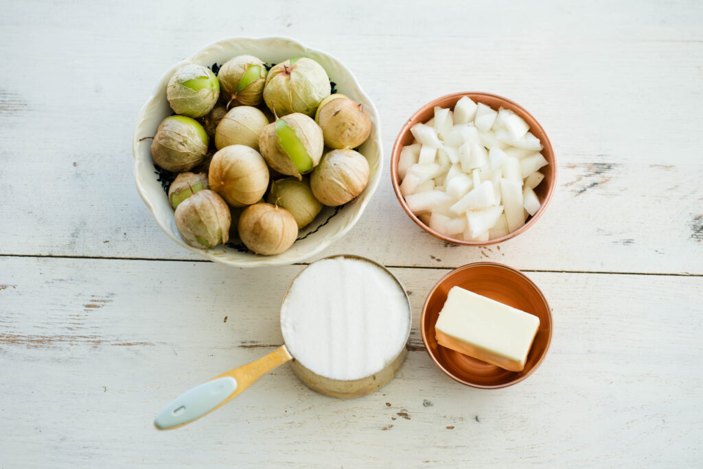 Tomatillos, onions, sugar and butter