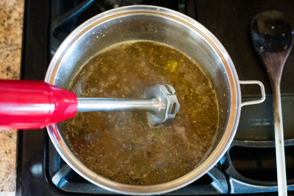 Tomatillo jam pureed with an immersion blender