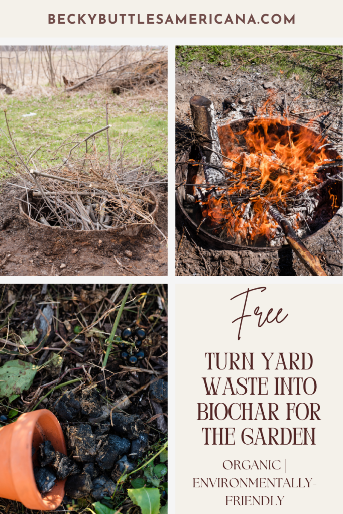 Branches in a fire pit, branches burning and biochar spread in a garden.