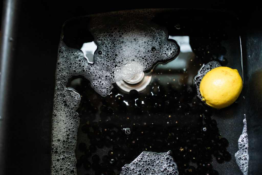Huckleberries and lemon being washed.