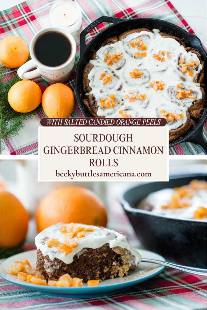 sourdough gingerbread cinnamon rolls with cream cheese frosting and candied orange peels with a cup of coffee