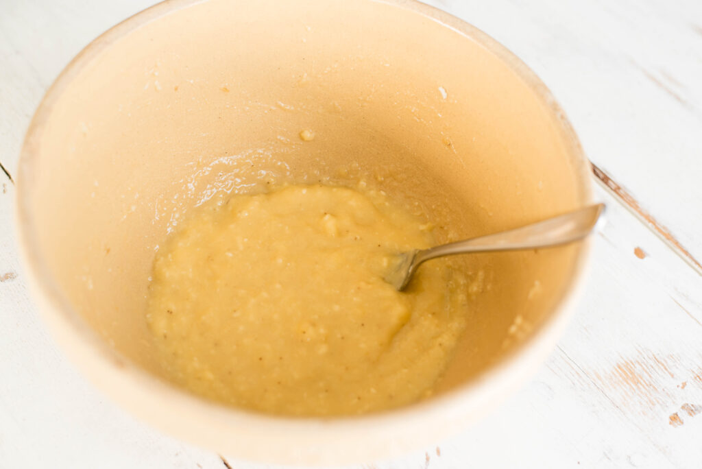 Bananas finely mashed for gluten free banana bread