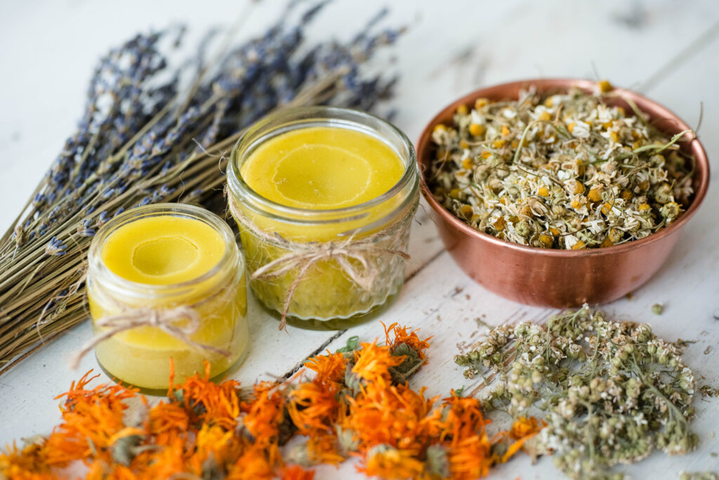 Simple herbal salve with chamomile, lavender, yarrow and calendula