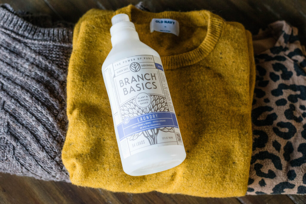 Branch Basics laundry detergent set on top of clean sweaters
