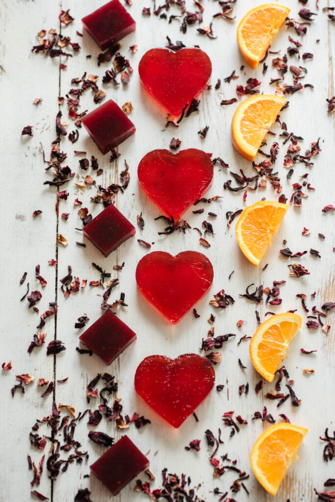 Homemade jello cut into heart shapes