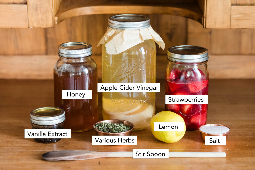 Ingredients for fermented strawberries with honey