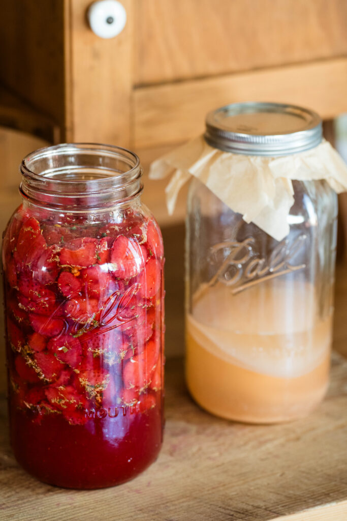 Strawberry shrub with chamomile and mint