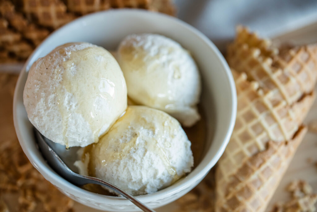 Bowl of homemade vanilla ice cream.