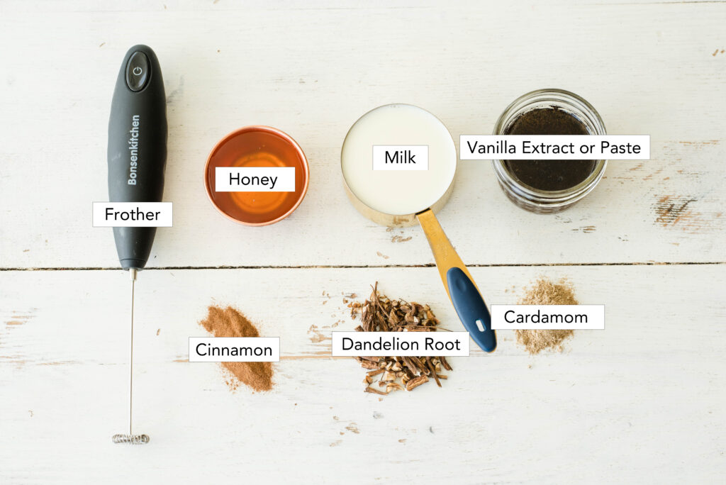 Ingredients for dandelion root tea latte