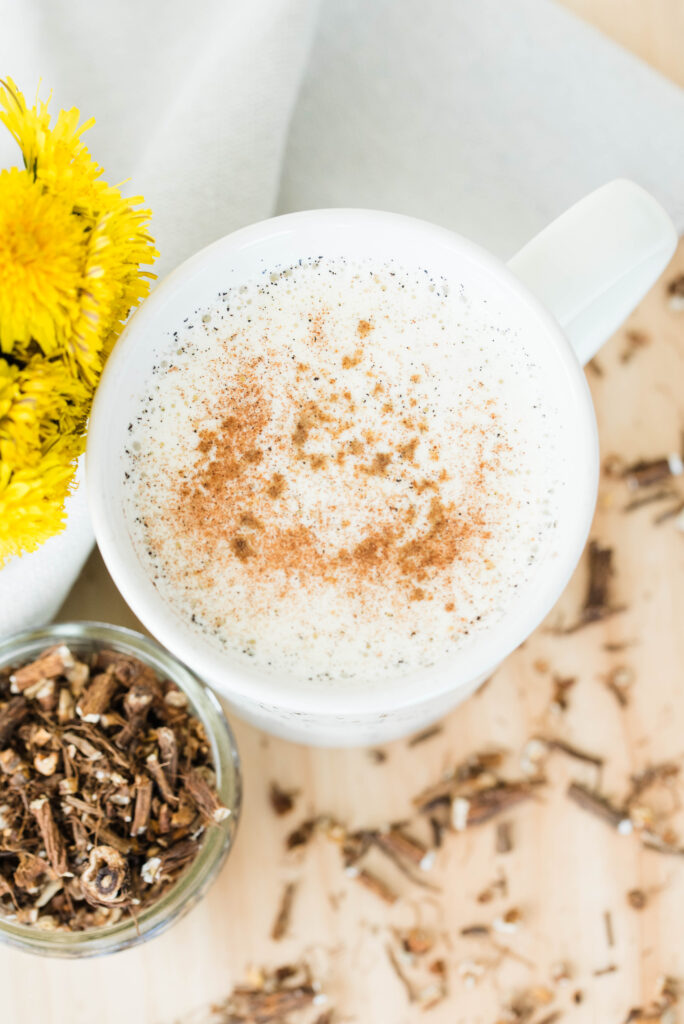 Mug with dandelion root tea latte