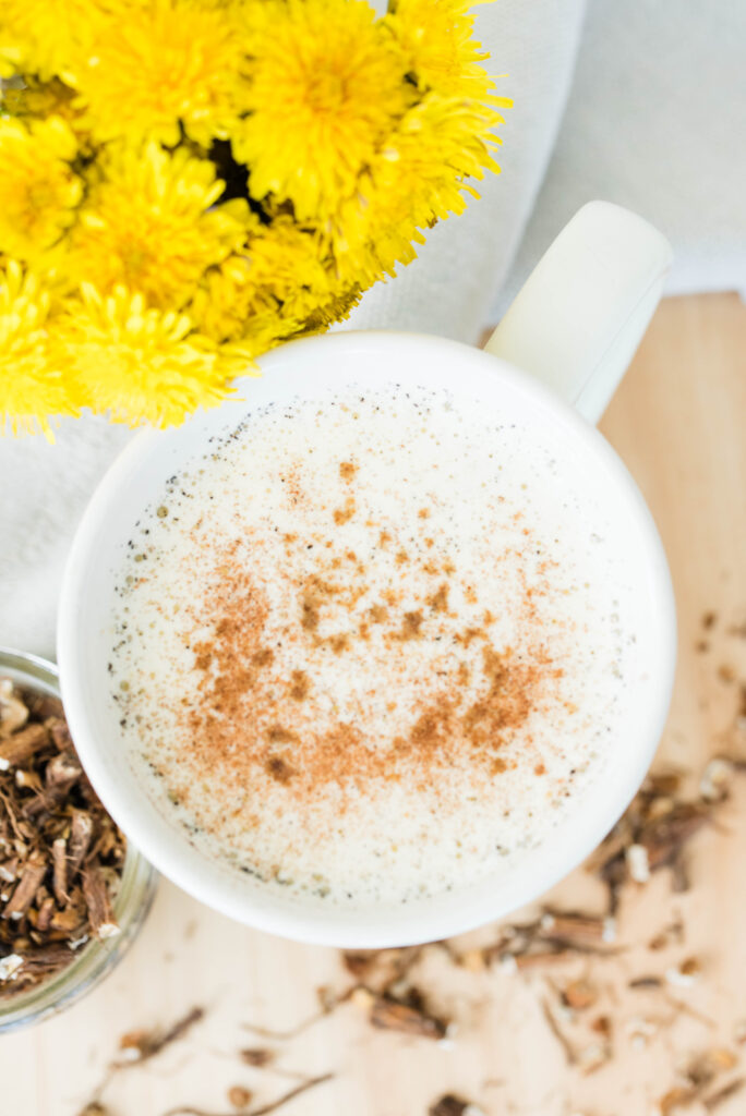 Dandelion root tea latte with fresh dandelions
