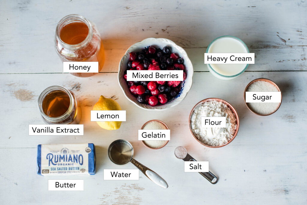 Ingredients for mixed berry pie with honey