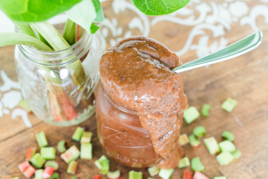 Jar of homemade barbecue sauce with rhubarb