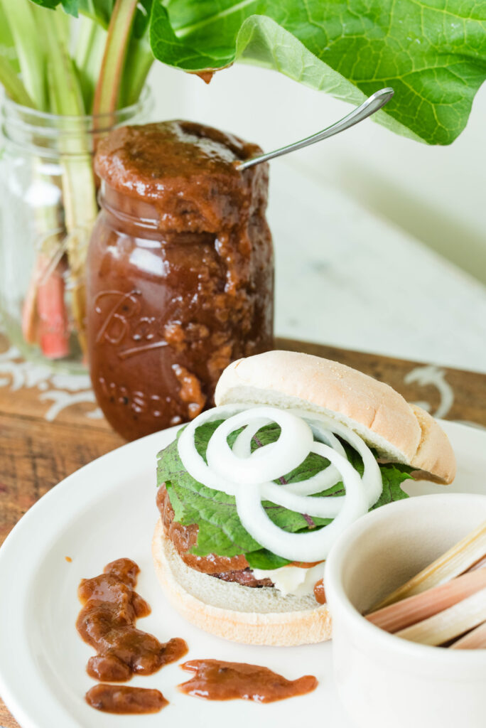 Hamburger smothered with homemade barbecue sauce with rhubarb