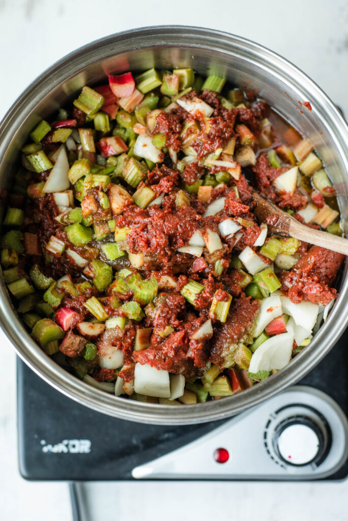 Ingredients for homemade barbecue sauce with rhubarb