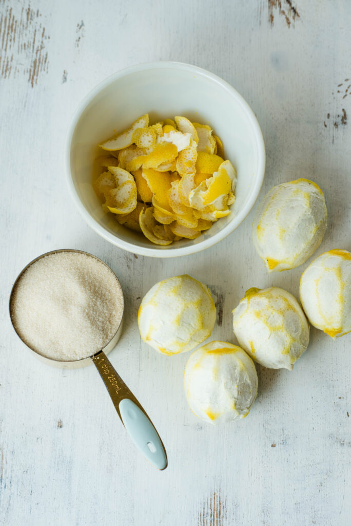 Sugar and lemon peels for oleo saccharum for probiotic old fashioned state fair lemonade.