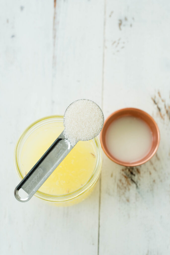 Liquid whey and sugar to ferment lemon juice for probiotic old fashioned state fair lemonade.