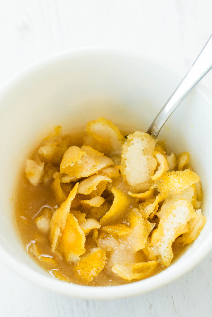 Oleo-saccharum or oily sugar mixture for authentic state fair lemonade recipe.