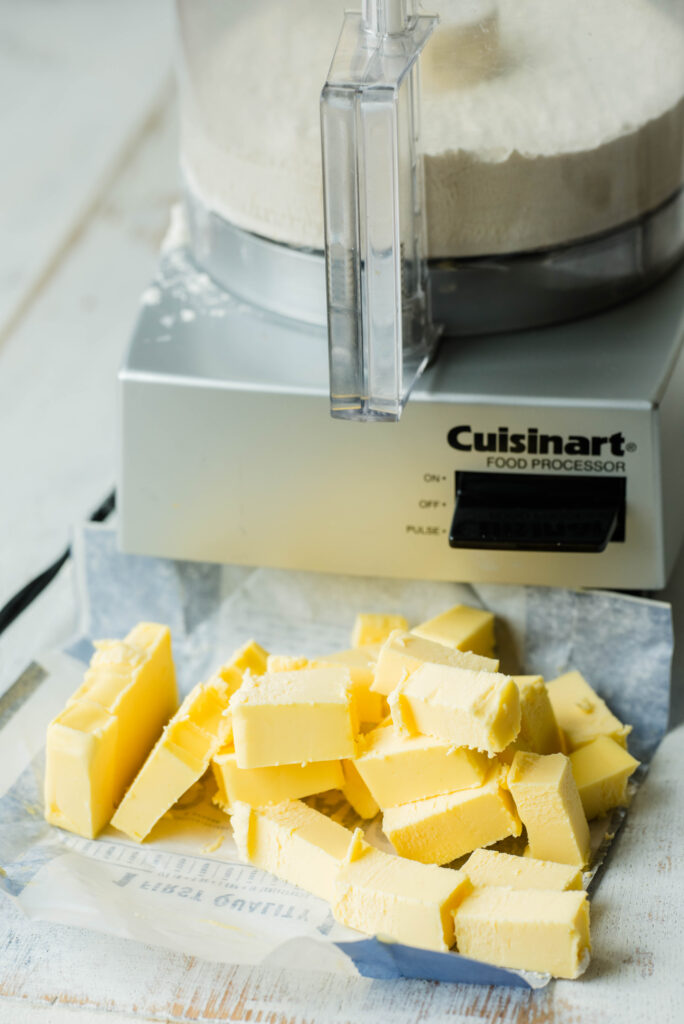 Cubed butter for a sourdough pie crust.