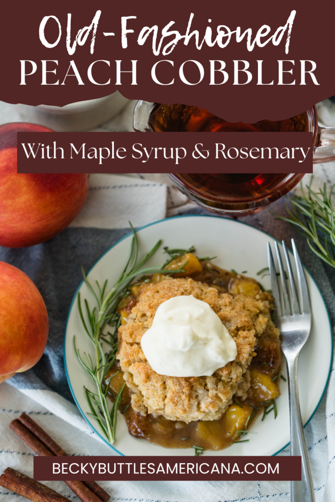 Serving of peach cobbler on a plate.