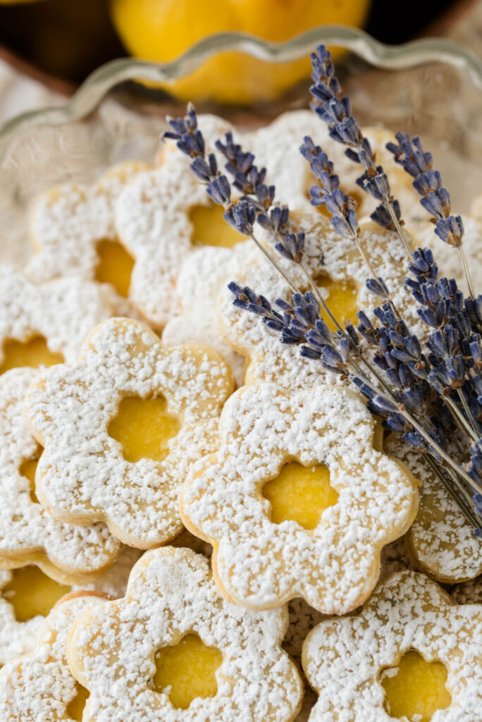 Lemon lavender linzer cookies on a plate.