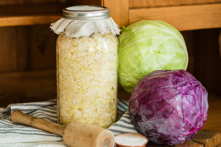 Jar of homemade sauerkraut.