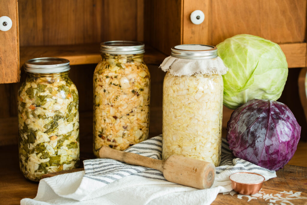 Jars of homemade sauerkraut.