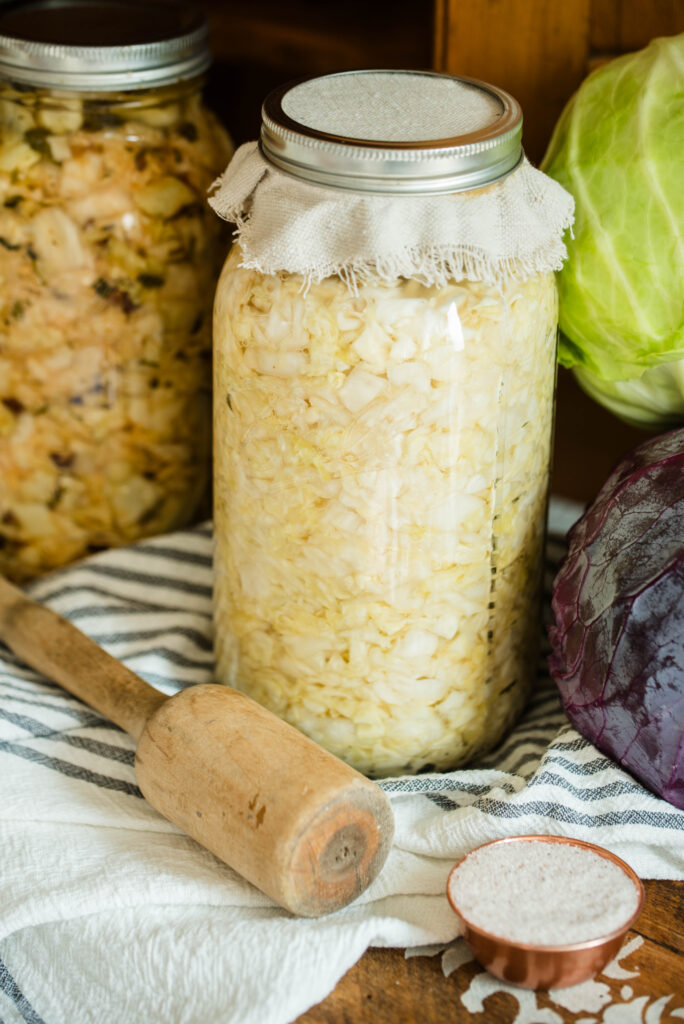 Sauerkraut with fresh cabbage and salt.
