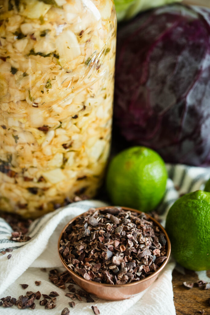 Jar of lime chipotle chocolate sauerkraut.