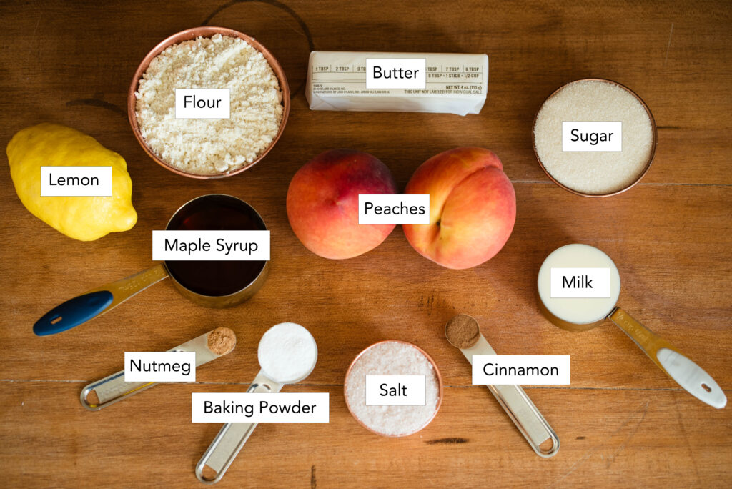 List of ingredients for old fashioned peach cobbler.