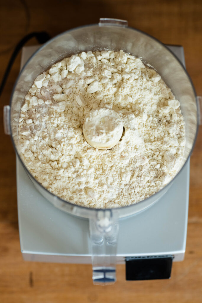 Dry ingredients for cobbler dough in a food processor.