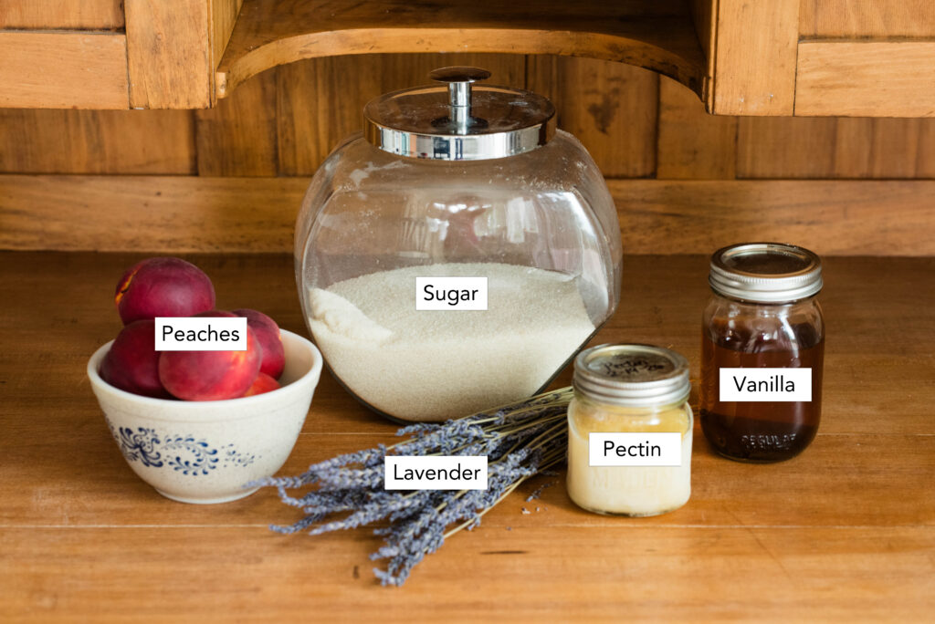 Ingredients for peach lavender jam.