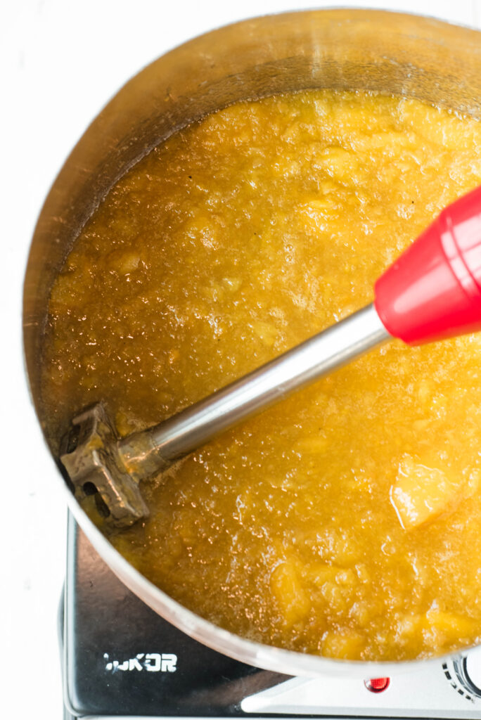 Peach jam pureed with an immersion blender.