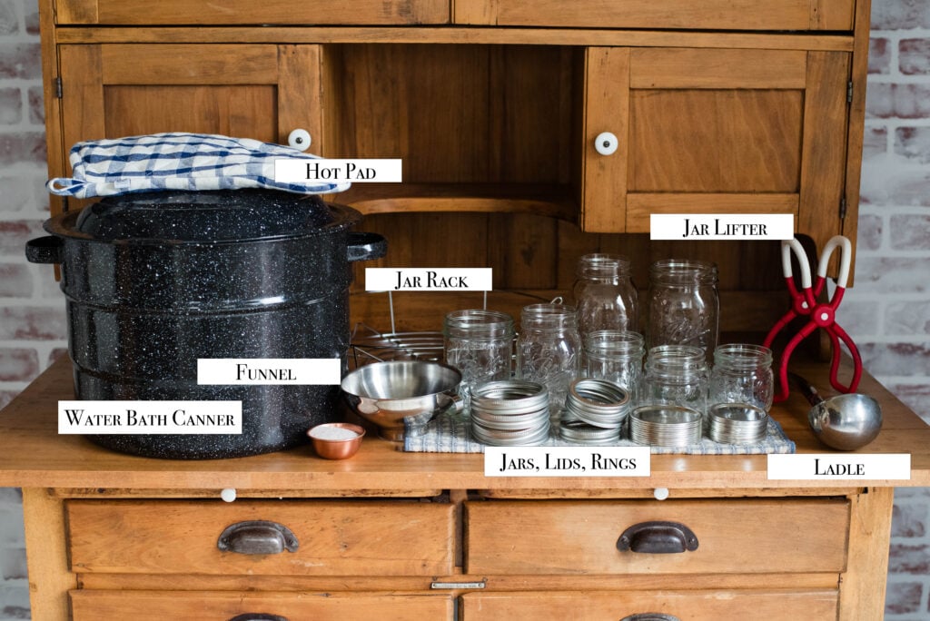 Equipment needed for making pasta sauce for canning.