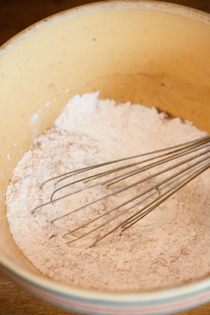 Dry ingredients mixed together for apple spice muffins.
