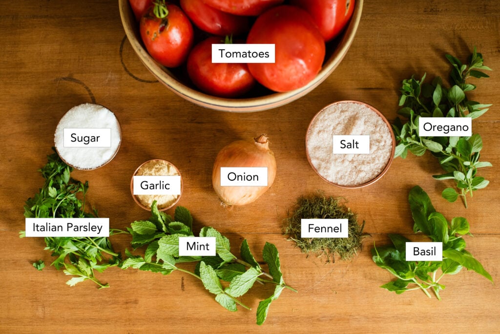 Ingredients for pasta sauce for canning.